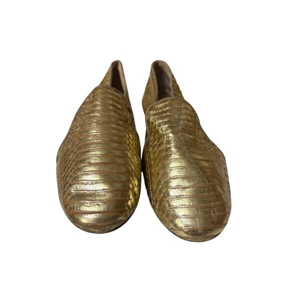 Brian Atwood Sz 10 Gold Metallic Snakeskin Textured Leather Loafers - Picture 2 of 8